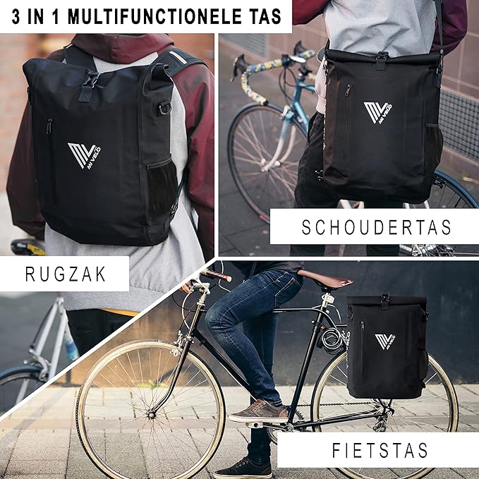 Mivelo Sac à vélo 3 en 1 - sac à dos vélo - sac à bandoulière étanche 100% sans PVC, avec compartiment pour ordinateur portable, sacoche pour tous types de porte-vélos - Noir