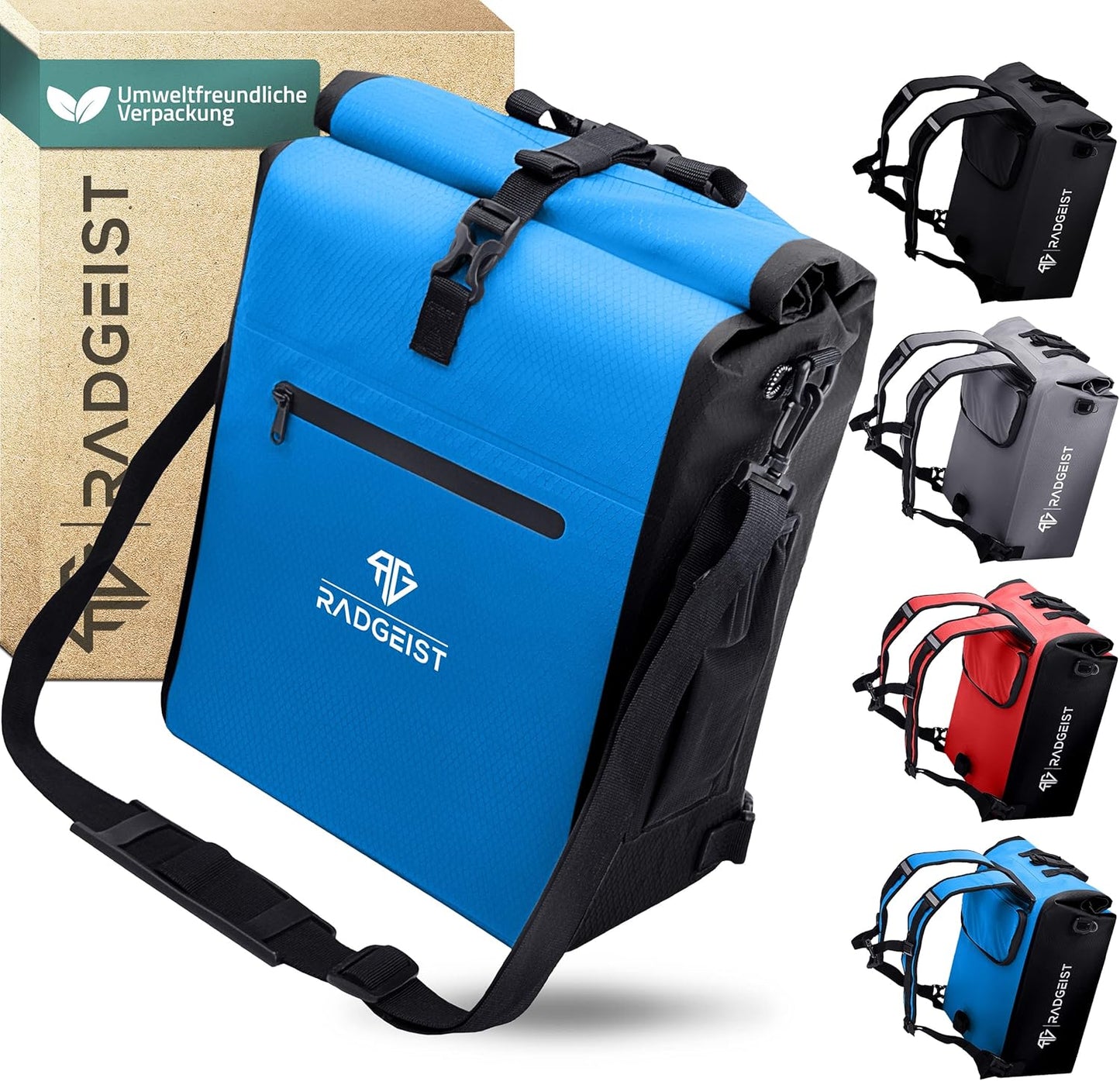 RADGEIST 3in1 bike bag for carrier - sac à dos pour vélo - sac de transport - sac à bandoulière - avec compartiment pour ordinateur portable - étanche - 25L - bleu