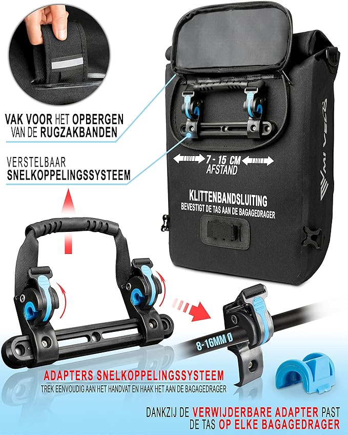 Mivelo Sac à vélo 3 en 1 - sac à dos vélo - sac à bandoulière étanche 100% sans PVC, avec compartiment pour ordinateur portable, sacoche pour tous types de porte-vélos - Noir