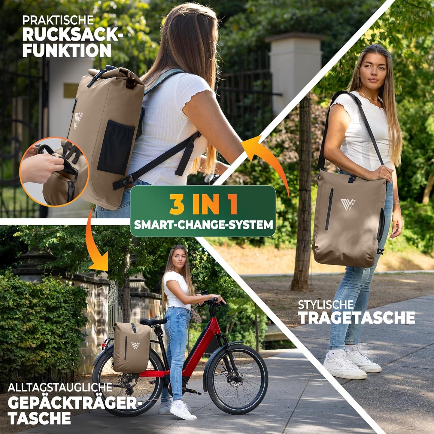 MIVELO Sacoche à vélo étanche 3 en 1 avec compartiment pour ordinateur portable et serrure - sans PVC - Beige sable - 20 L