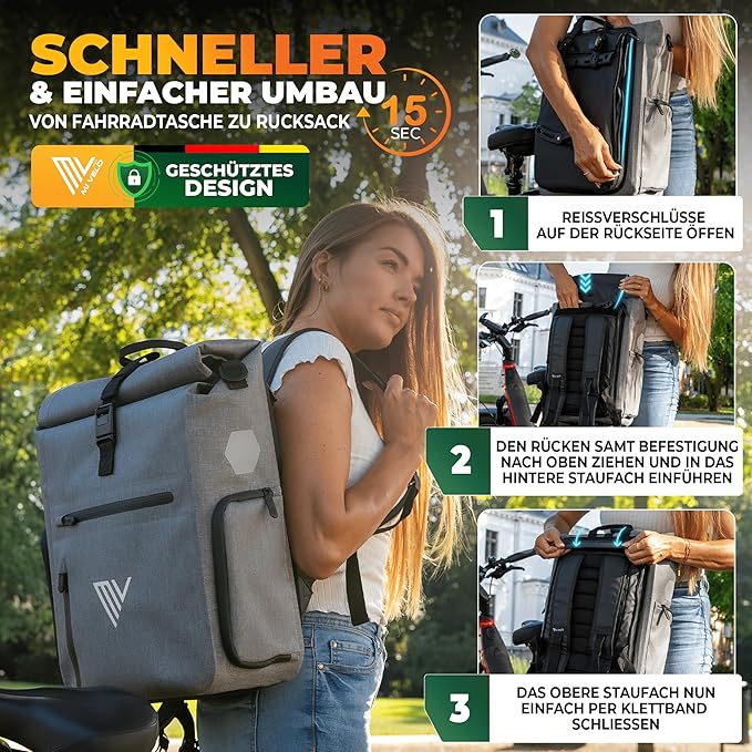 MIVELO - 3-in-1 Pannier & Sac à dos - Capacité 25 l - TPU - Gris - Avec compartiment pour ordinateur portable et bandoulière - Pour porte-bagages