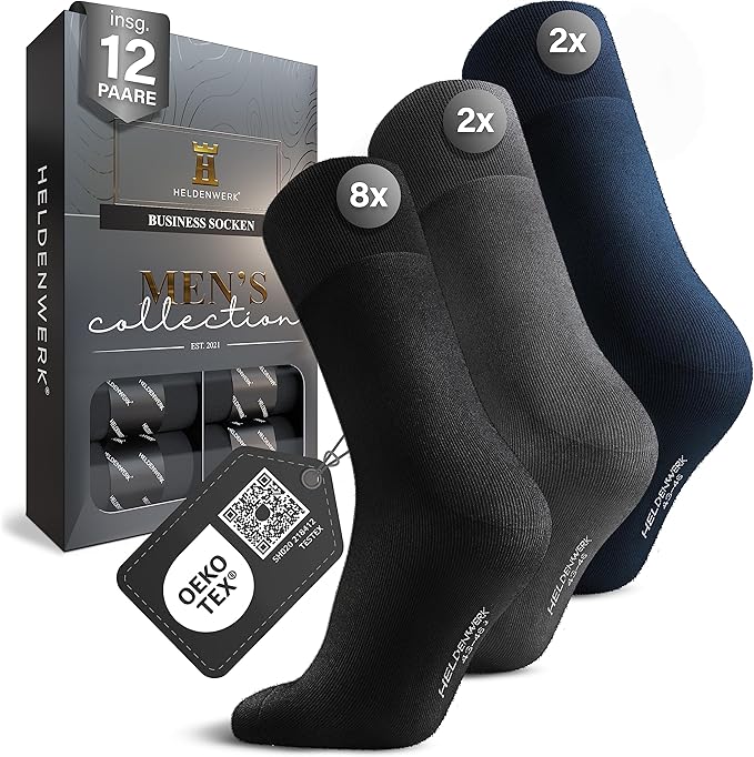 HELDENWERK Chaussettes homme en coton respirant sans couture oppressante, chaussettes homme d'affaire, chaussettes costume - Taille 39-42 - (8 x noir, 2 x gris, 2 x bleu marine)