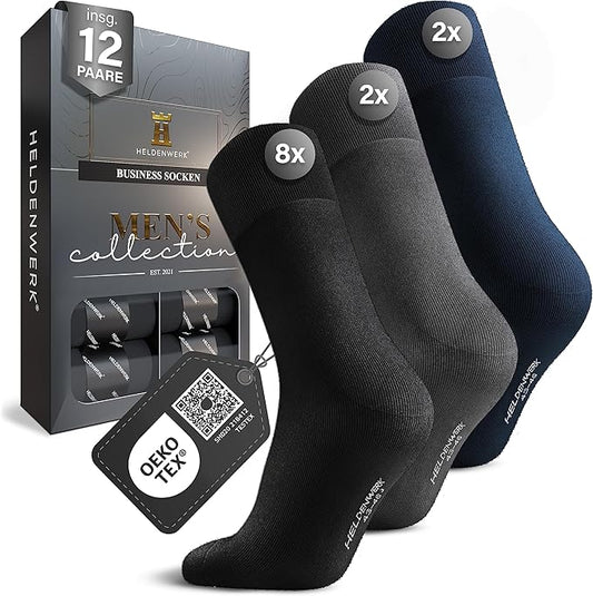 HELDENWERK Chaussettes homme en coton respirant sans couture oppressante, chaussettes homme d'affaire, chaussettes costume - Taille 39-42 - (8 x noir, 2 x gris, 2 x bleu marine)