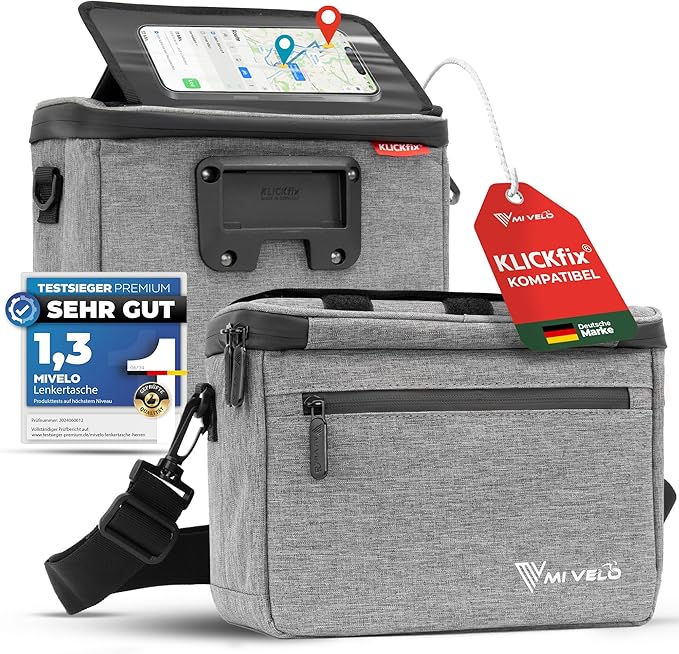 MIVELO Sacoche pour guidon - Déperlant & compatible Klickfix - 7 litres - Gris