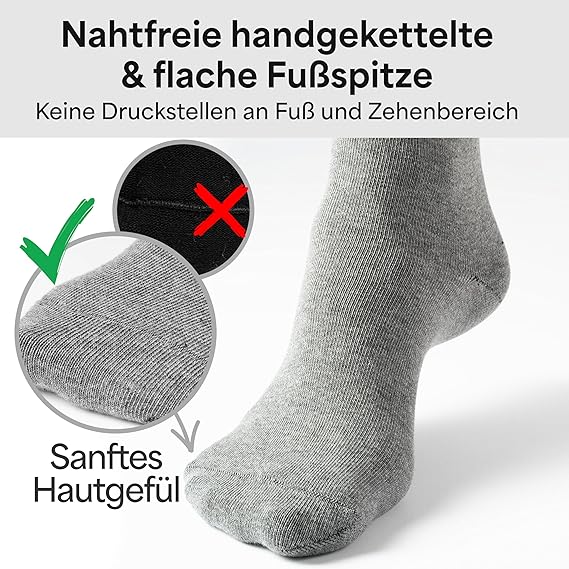 HELDENWERK Chaussettes diabétiques pour hommes et femmes, 10 paires, chaussettes diabétiques sans élastique et sans couture en 97% coton, chaussettes de santé extra larges avec bande confortable - Taille 39-42 - Gris