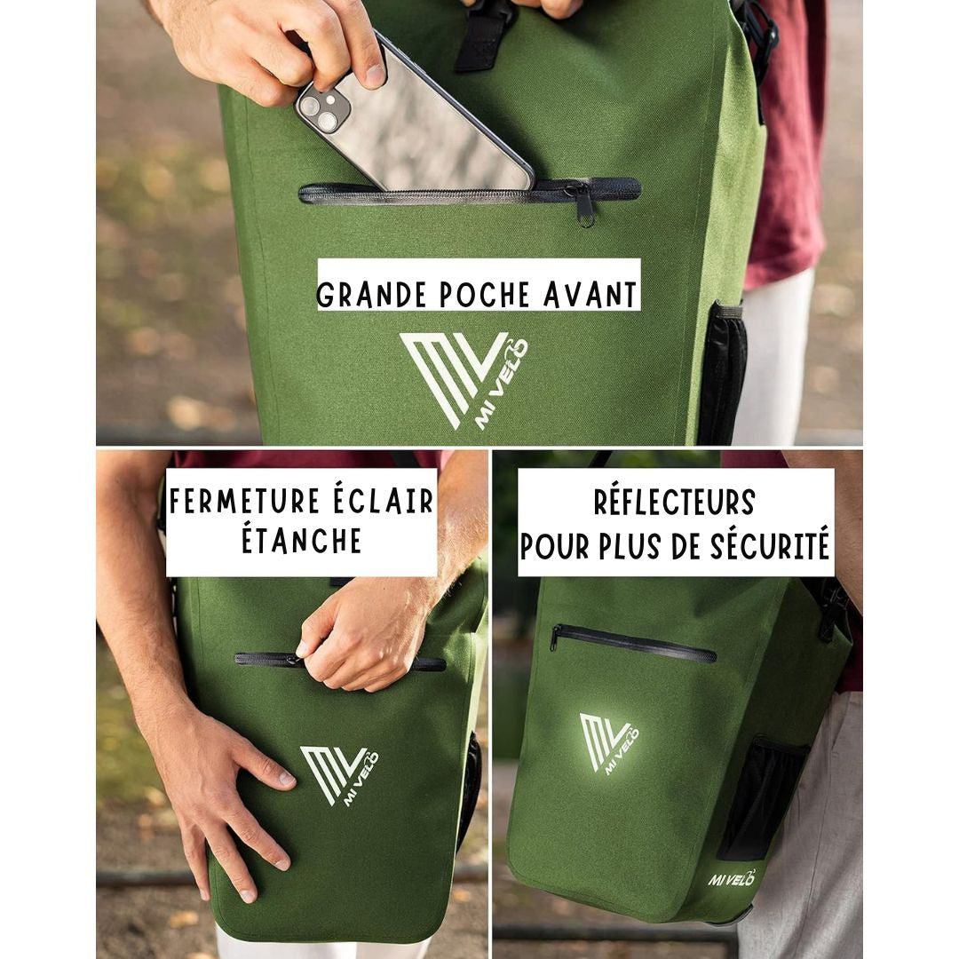 Sacoche étanche 3 en 1 MIVELO - avec pochette pour ordinateur portable et bandoulière - 25L - Vert olive