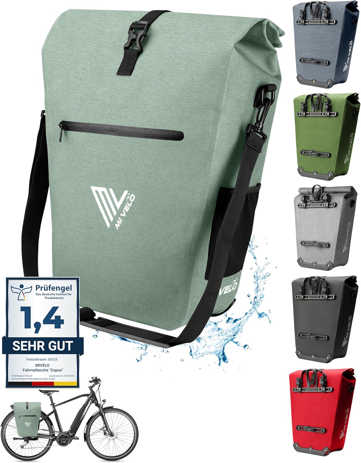 Pannier 3 en 1 MIVELO - Étanche - 25L - Avec compartiment pour ordinateur portable et bandoulière - Vert Menthe