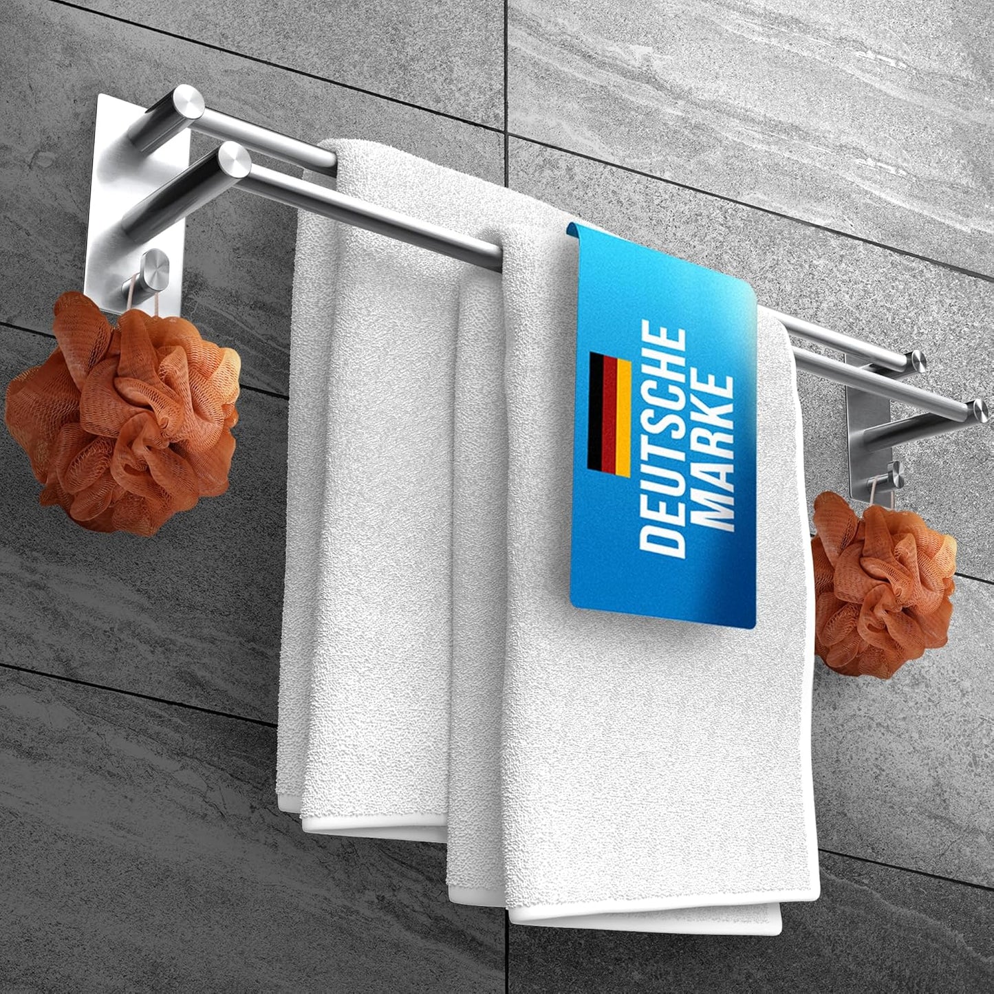 LOBUX® - Porte-serviettes sans perçage - 60cm, acier inoxydable - Porte-serviettes salle de bain double, auto-adhésif - Porte-serviettes avec 2 crochets pour serviettes - pour salle de bain, paroi de douche, cuisine