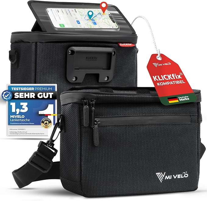 MIVELO Sacoche pour guidon - Déperlant & Avec compartiment téléphone - 7 litres - Noir Réfléchissant