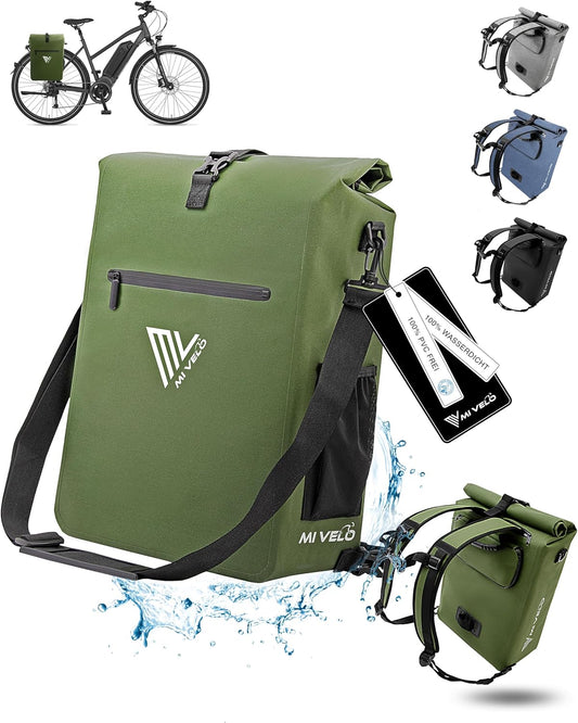 MIVELO Sacoche 3 en 1 pour porte-bagages - 100% étanche - sans PVC - Vert olive - 25L