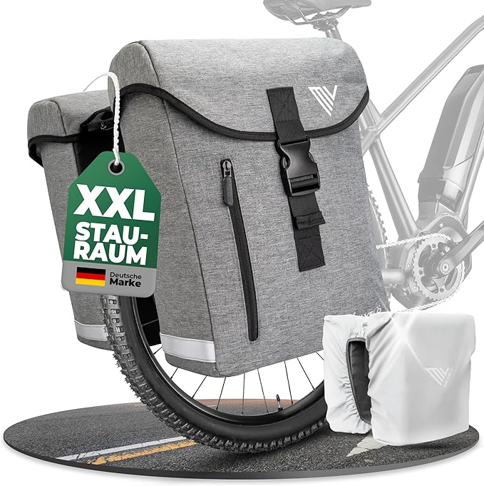 MIVELO Sac à vélo double - imperméable et avec housse de pluie réfléchissante - 36 litres - gris