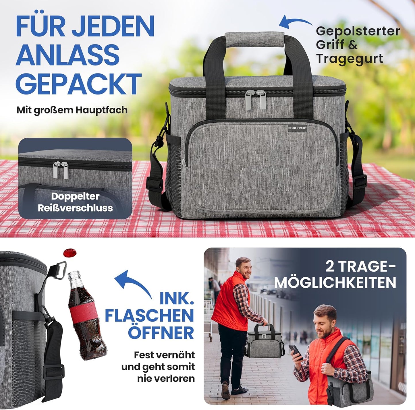 HELDENWERK Foldable Cool Bag 20L - Boîte isotherme - étanche et imperméable - Sac thermique pour pique-nique et déjeuner - Gris foncé