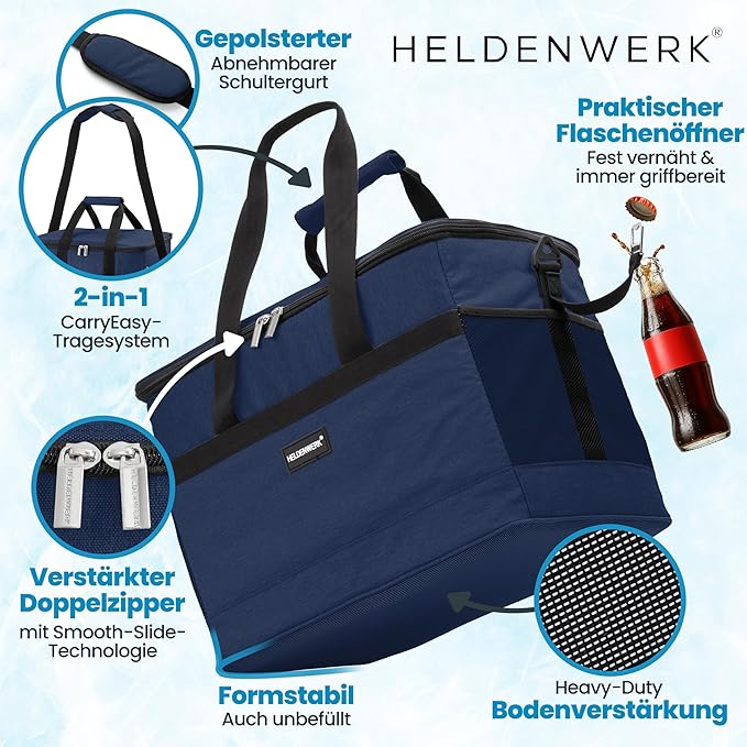 HELDENWERK grand sac isotherme pliable - glacière avec capacité de refroidissement jusqu'à 12 heures, étanche et imperméable - sac isotherme, sac à pique-nique, sac à lunch, sac isotherme avec 7 compartiments - fond renforcé