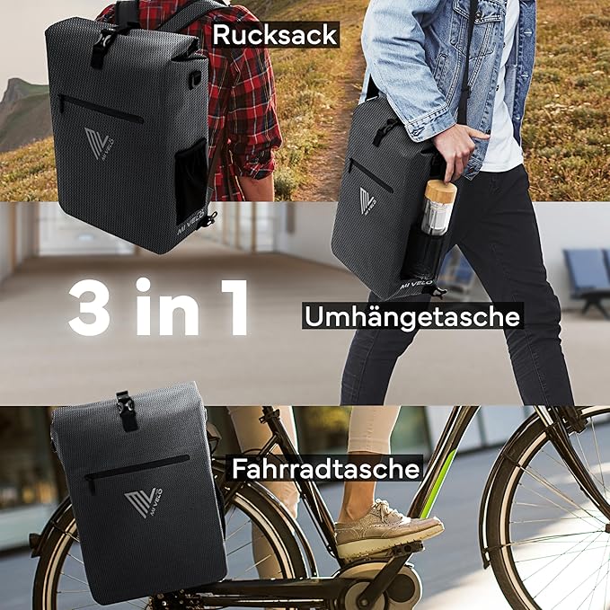 MIVELO 3-in-1 Pannier - Sac à dos et sac à bandoulière - Imperméable - Comprend un compartiment pour ordinateur portable - 20L - Noir réfléchissant