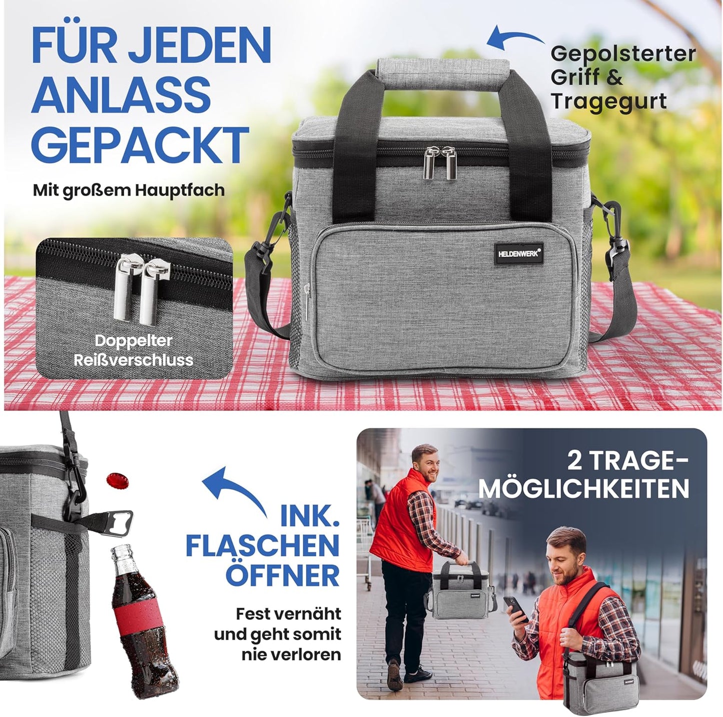 HELDENWERK Cooler Bag Small & Foldable - 10 Liter Thermal Lunch Bag - Insulated, Waterproof & Leakproof - Cooler Bag - Brunch and Lunch Bag - Light Grey