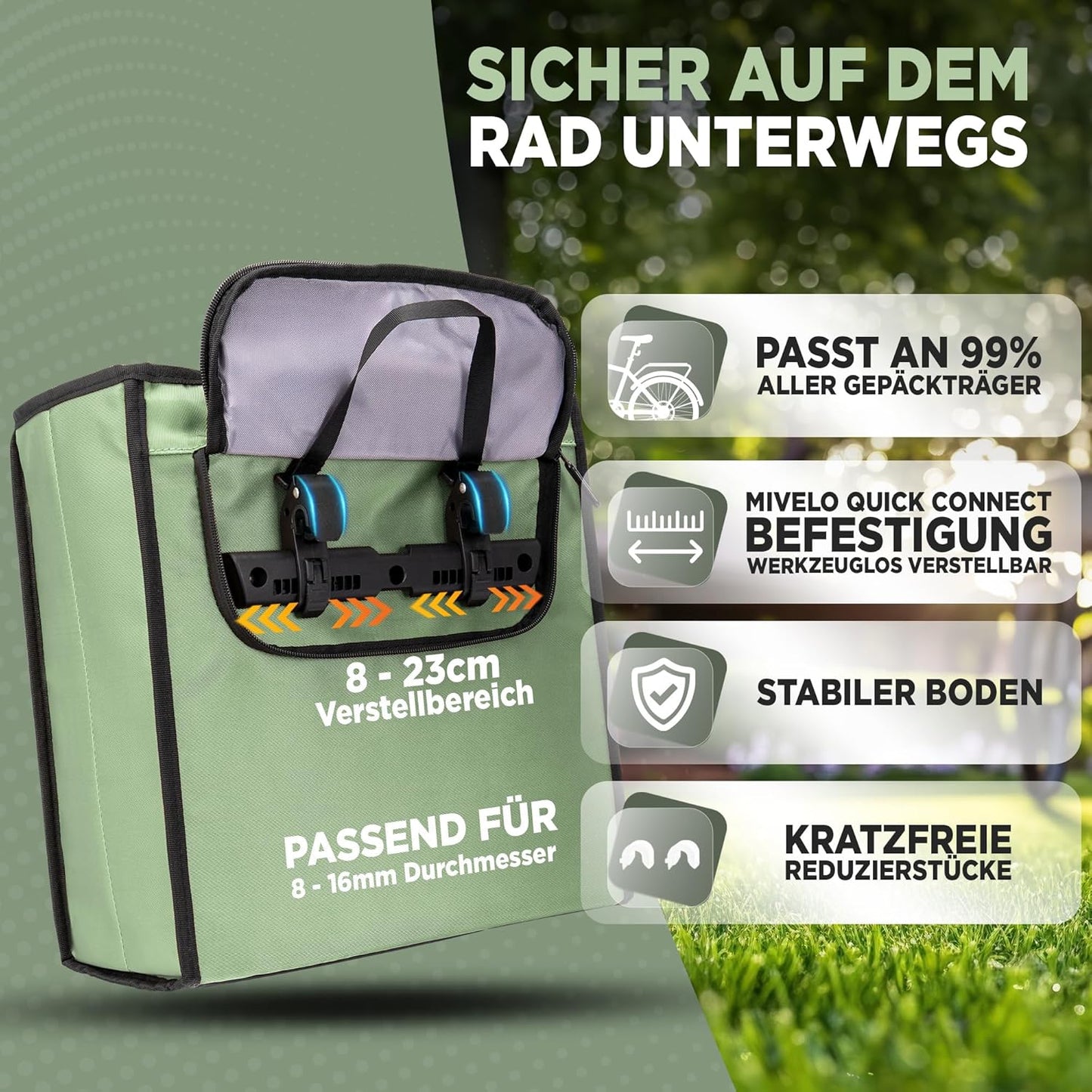 MIVELO Sac à vélo 3-en-1 - Imperméable - Sac glacière amovible - 25L - Mint