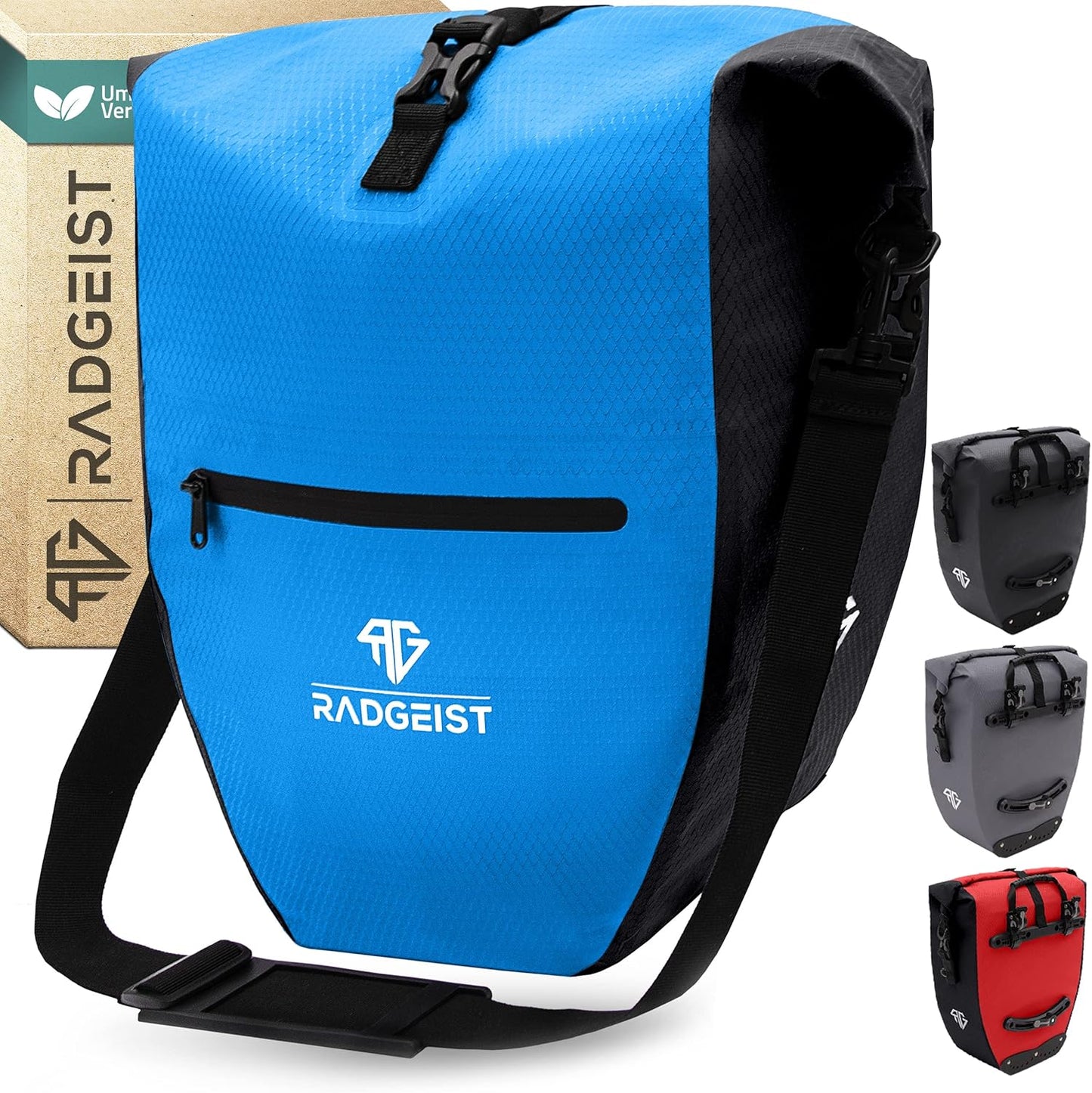 Sacoche de vélo pour porte-bagages RADGEIST - étanche et sac à bandoulière - réflecteurs - bleu