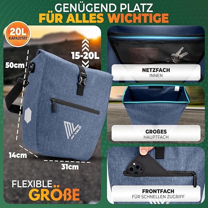 MIVELO Pannier - Imperméable & Incl. Compartiment pour ordinateur portable & Bandoulière - 20 litres - Bleu denim