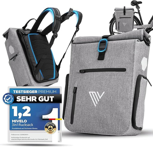 MIVELO - 3-in-1 Pannier & Sac à dos - Capacité 25 l - TPU - Gris - Avec compartiment pour ordinateur portable et bandoulière - Pour porte-bagages