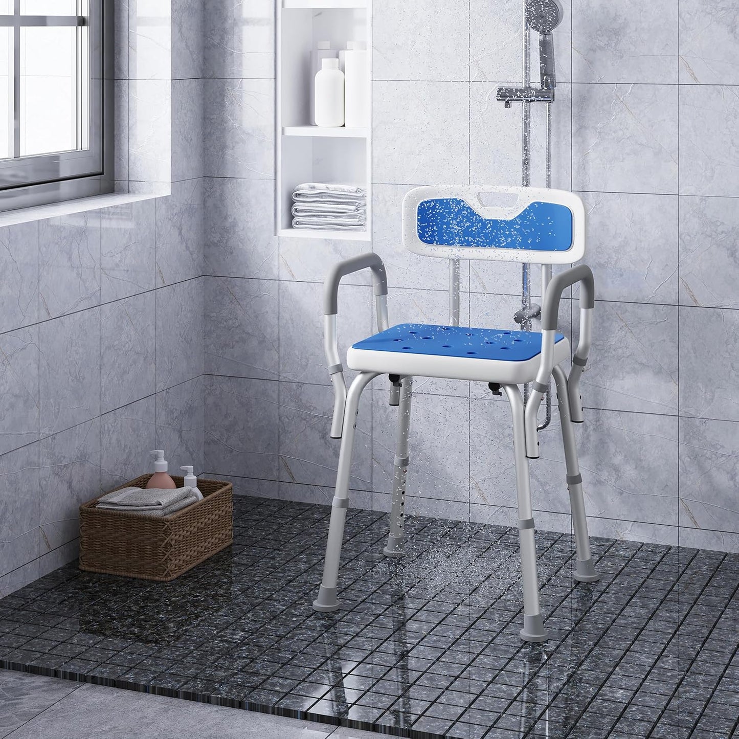 Chaise de douche Eugad - Max. 130 kg - Hauteur réglable - 47 x 39 x 84 cm - Bleu / Blanc