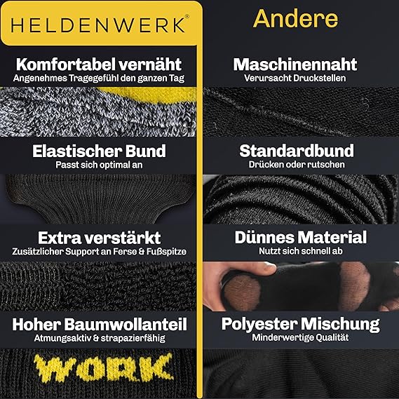 HELDENWERK 10 paires de chaussettes de travail pour hommes, premium | chaussettes de travail renforcées en coton respirant | chaussettes de travail robustes avec ceinture confortable - Taille 35-38