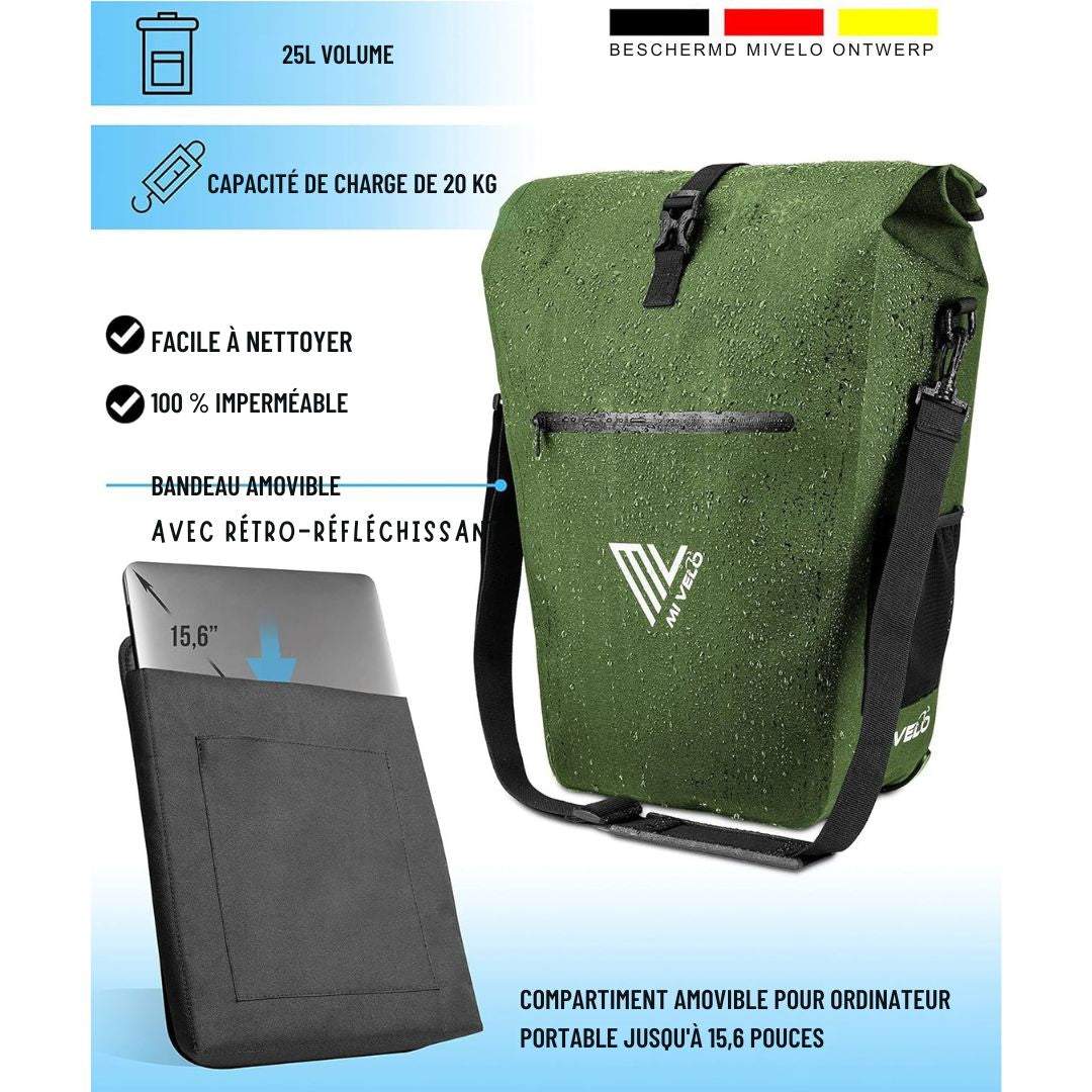Sacoche étanche 3 en 1 MIVELO - avec pochette pour ordinateur portable et bandoulière - 25L - Vert olive