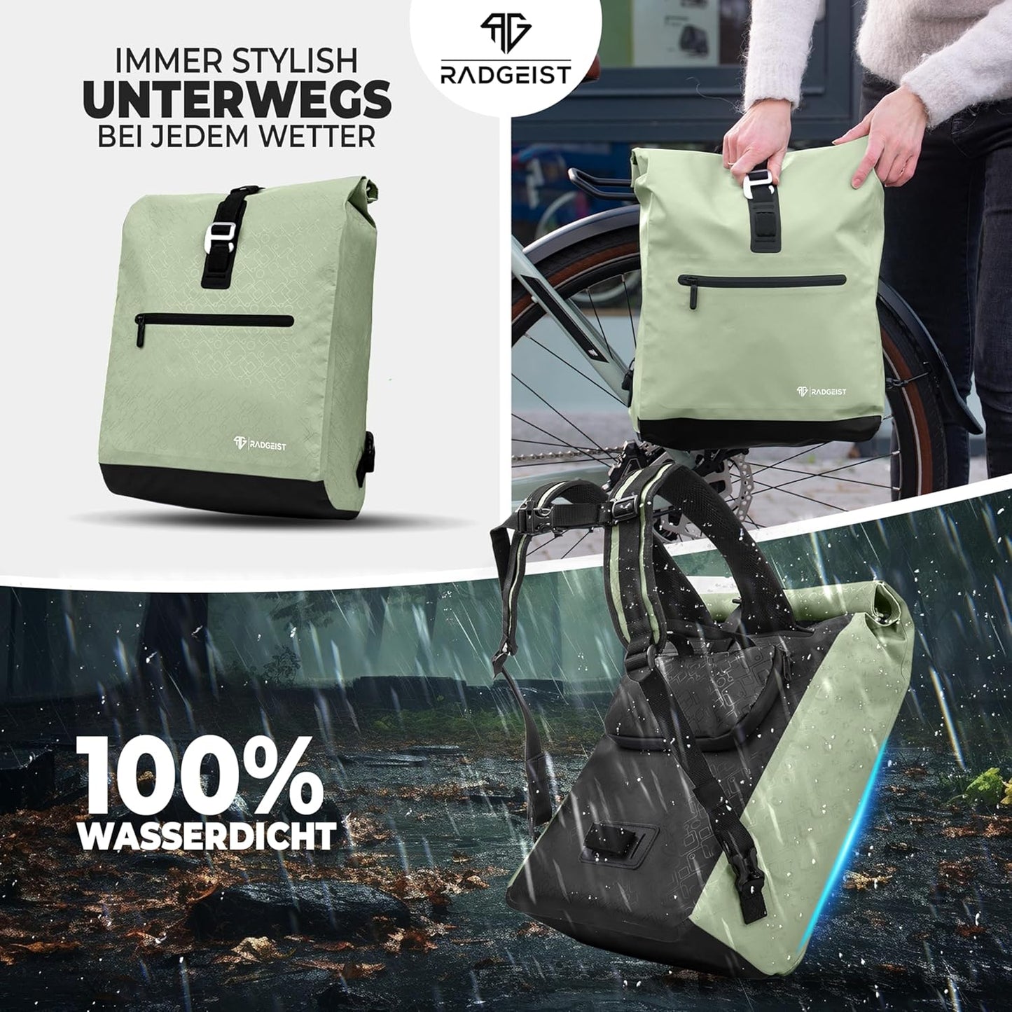 RADGEIST sac à vélo pour porteur I sac à vélo & sac à dos I sac à vélo pour femmes & hommes I sac à bandoulière & sac à vélo pour vélo 20L Mint