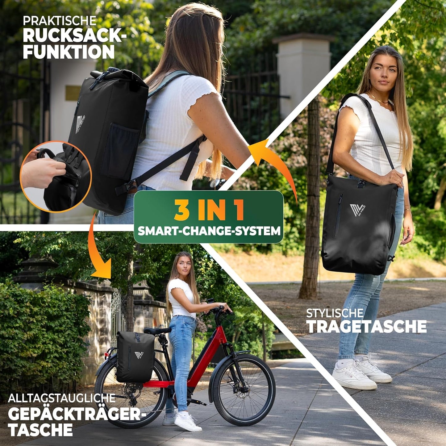 MIVELO 3-in-1 Pannier - Imperméable - Sac à dos et à bandoulière - Compartiment pour ordinateur portable inclus - 20L - Noir