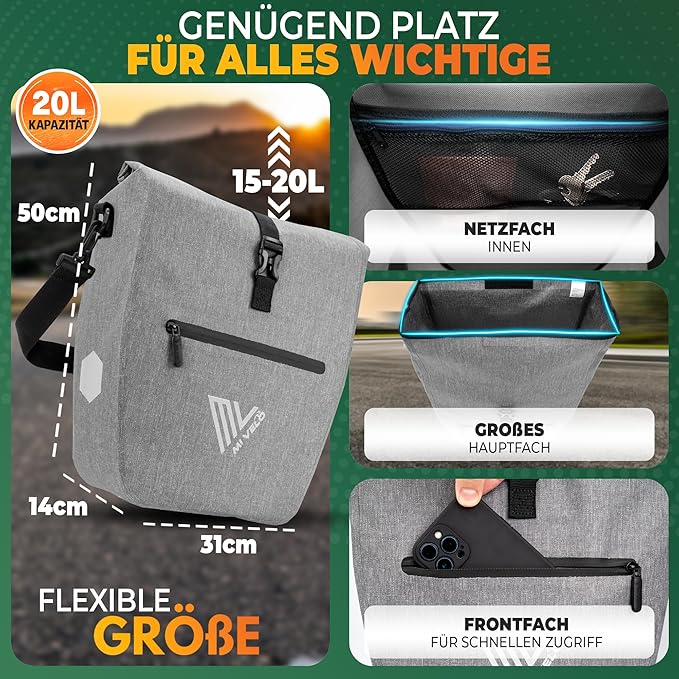 MIVELO Pannier - Imperméable & Incl. Bandoulière & Compartiment pour ordinateur portable - 20 litres - Gris