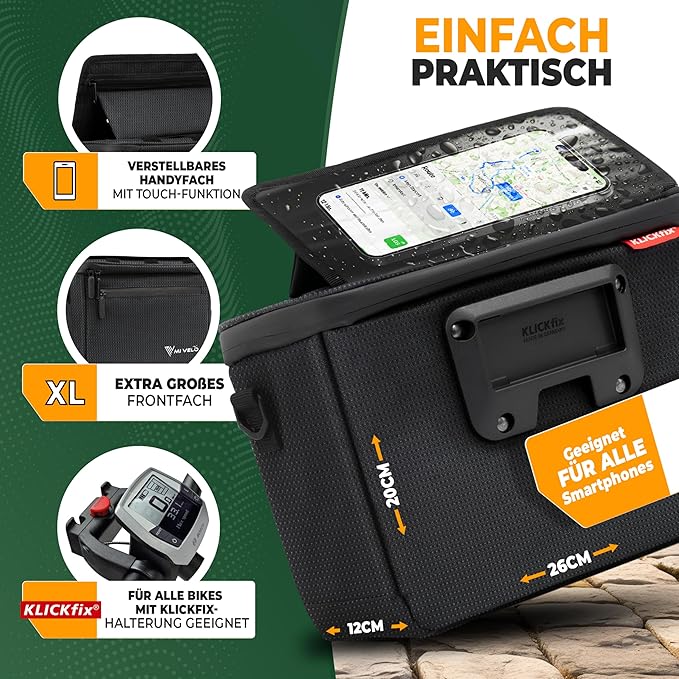 MIVELO Sacoche pour guidon - Déperlant & Avec compartiment téléphone - 7 litres - Noir Réfléchissant