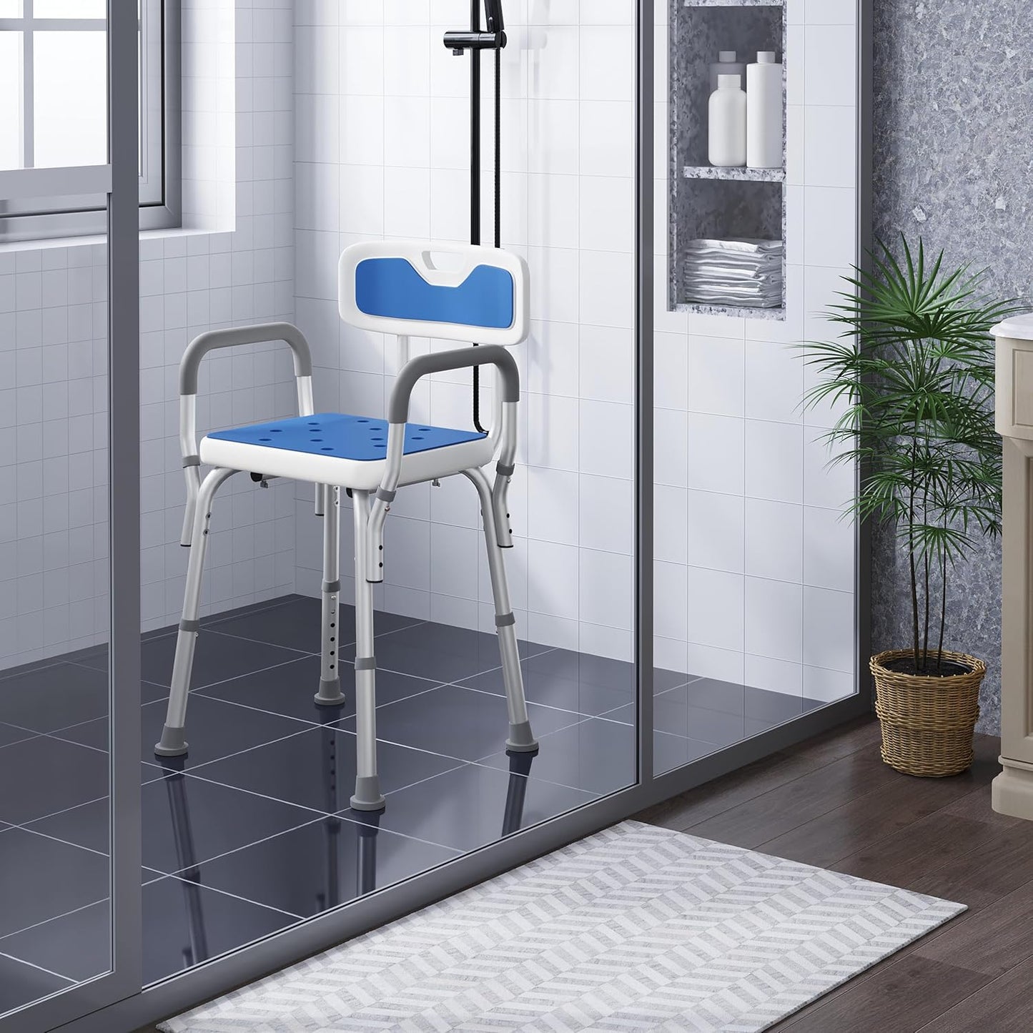 Chaise de douche Eugad - Max. 130 kg - Hauteur réglable - 47 x 39 x 84 cm - Bleu / Blanc