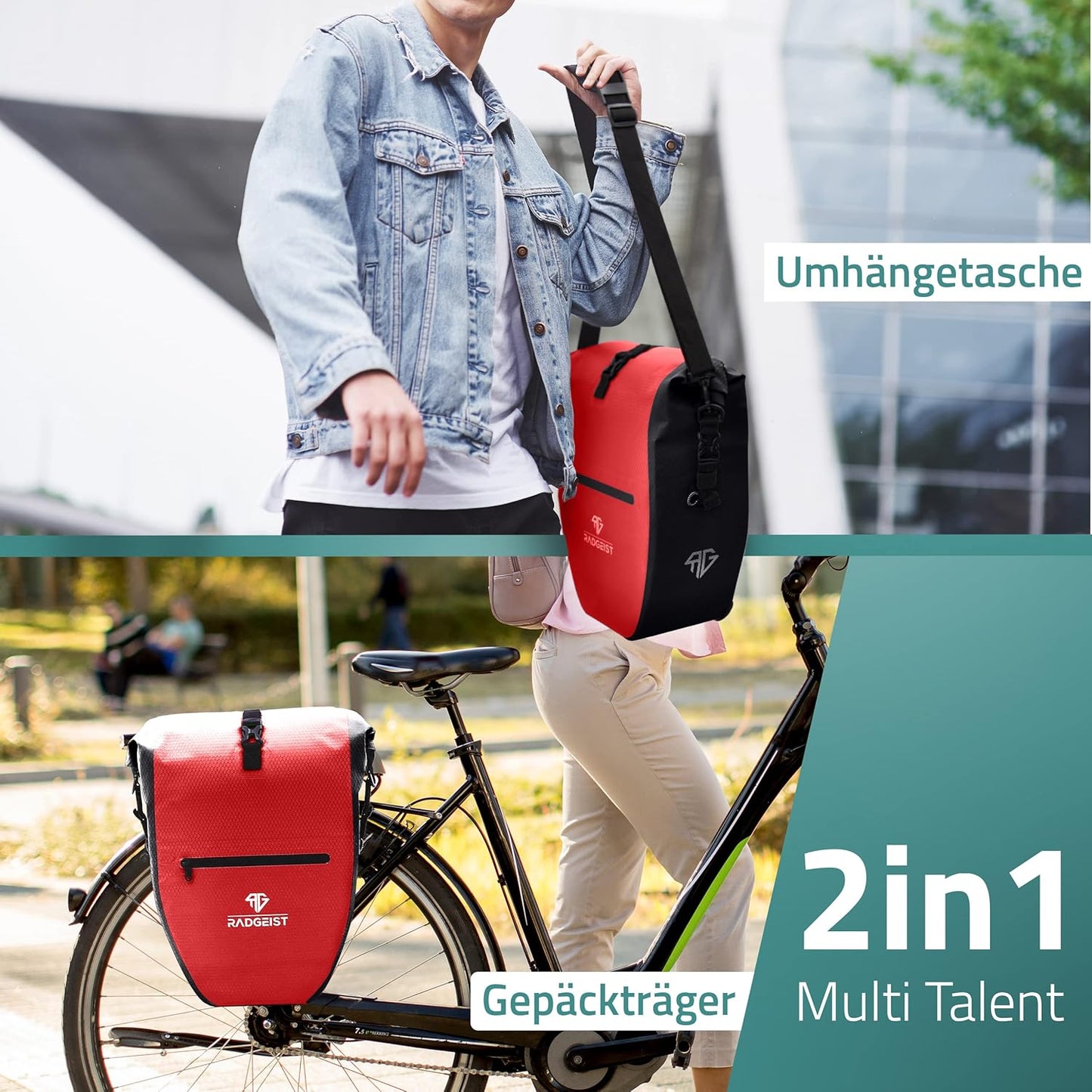 RADGEIST sacoche pour porte-bagages - 2X sacoche pour porte-bagages - sac à bagages étanche et sac à bandoulière - sacoche pour porte-bagages avec réflecteurs