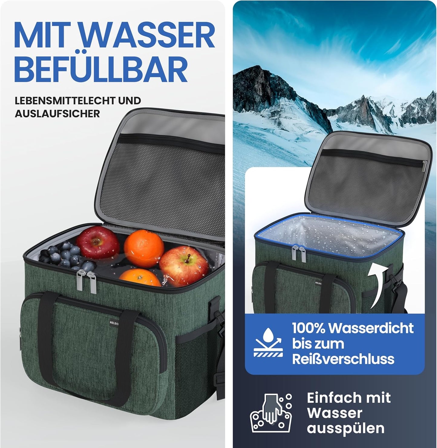 HELDENWERK Cooler Bag Small & Foldable - 10 Liter Thermal Lunch Bag - Waterproof & Leakproof - Insulated Picnic and Cooler Bag - With Bottle Opener - Olive Green