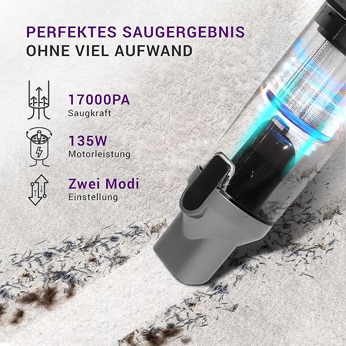 LEBENLANG Aspirateur sans fil - Batterie - 17000PA - 135W - Batterie Lithium puissante - Station de recharge incluse - Gris