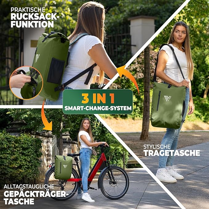 MIVELO - Sacoche étanche 3 en 1 avec compartiment pour ordinateur portable - Vert olive - 20L
