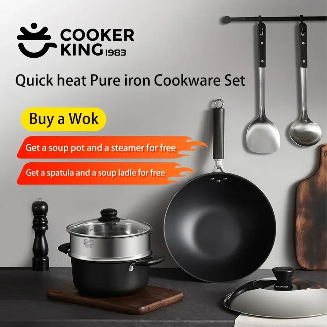 Batterie de cuisine Cooker King 5 pièces - Wok en fonte 4,5 L - Casserole en aluminium 3 L - Panier vapeur en acier inoxydable - 2 spatules