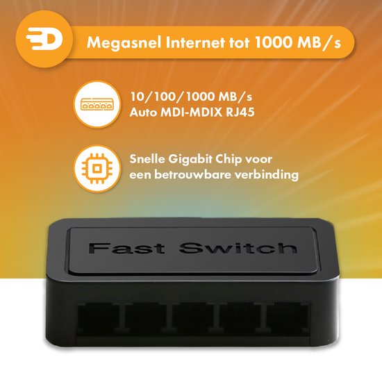 Drivv. Commutateur réseau - Jusqu'à 1000Mbps - 5 Ports - Commutateur Internet - Répartiteur RJ45 - noir