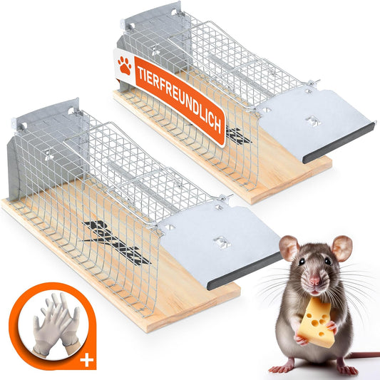 Lebenlang - piège à rats en bois - 29×12×12 cm - set de 2 - piège vivant respectueux des animaux - gants inclus