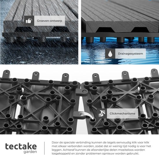 tectake® WPC wood tiles - Dalles aspect bois - Résistant aux intempéries - Sol extérieur - Dalles de sol - Sol de balcon - Dalles de terrasse avec système click - Drain - Lot de 22 - Gris