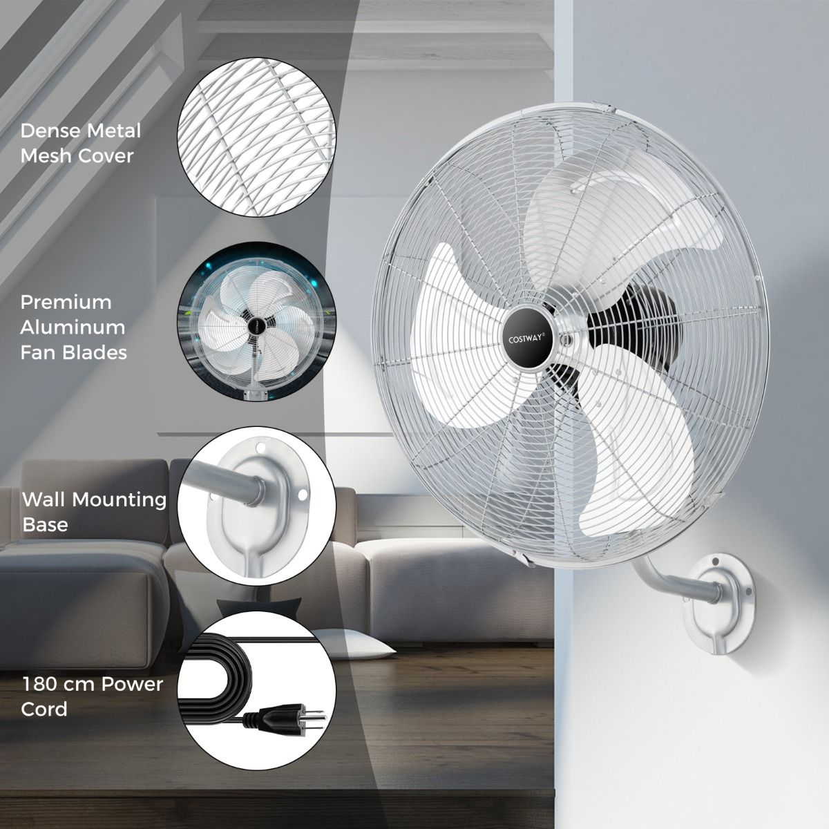Ventilateur mural industriel Coast Ø 56 cm - Argent - 3 vitesses, 85° d'oscillation, 30° d'inclinaison