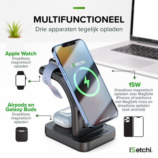 iSetchi MagSafe 5-in-1 Wireless Charger (15W USB-C fast charger) - Avec lampe LED, horloge numérique et fonctions d'alarme - Convient pour iPhone, Apple iWatch et Airpods - Station Qi sans fil - Chargeur GSM