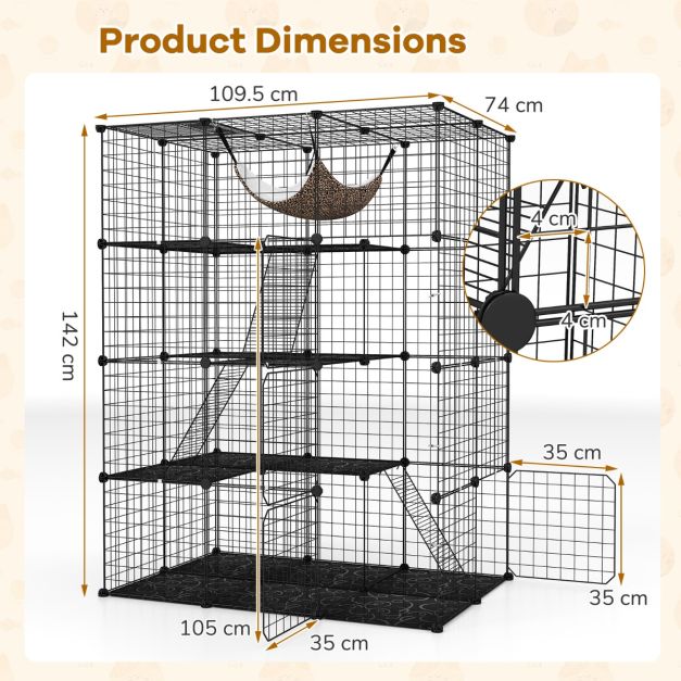 Cage à chat spacieuse à 4 étages de 143 cm de haut - Cage en métal noir avec hamac, étagères et échelles pour chats et petits animaux de compagnie