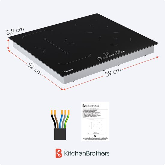 Plaque de cuisson à induction KitchenBrothers -  encastrable - 60 cm - 4 zones - 2x Flexzone - 1 et 2 phases - Jusqu'à 2400W - Noir