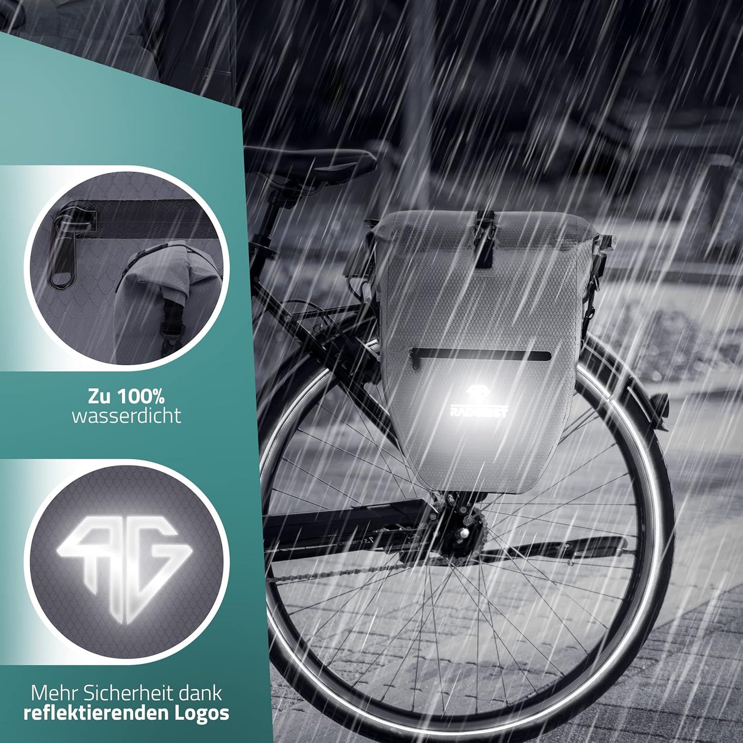 RADGEIST sacoche de vélo pour porte-bagages - 2X sacoche pour porte-bagages - sac à bagages étanche et sac à bandoulière - sacoche de vélo avec réflecteurs