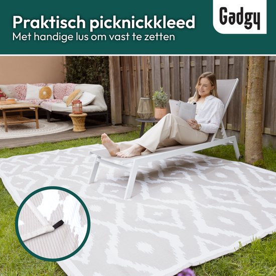 Tapis d'extérieur Gadgy XXL - Tapis d'extérieur 300x200 cm - Tapis de jardin double face - Tapis de pique-nique beige blanc - Tapis d'extérieur