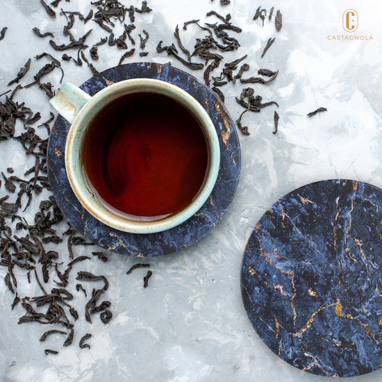 Castagnola Sous-verres en céramique avec support - Sous-verres pour verres - Sous-verres design - Sous-verres - Sous-verres à boire - Céramique - Liège - Lot de 6 - Bleu/doré