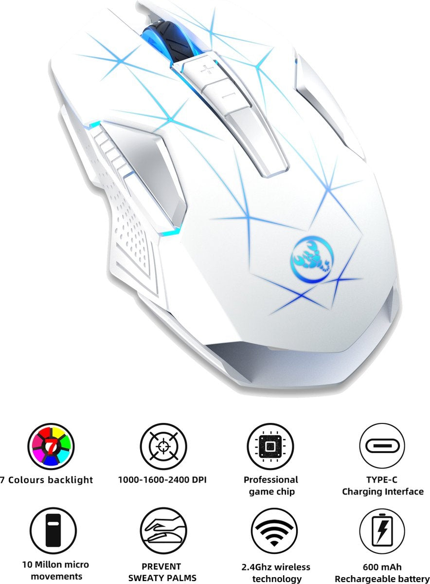 HXSJ T300 2.4G Wireless Gaming Mouse - Souris d'ordinateur - Ultra légère - Compacte pour les voyages - Eclairage RGB - Blanc