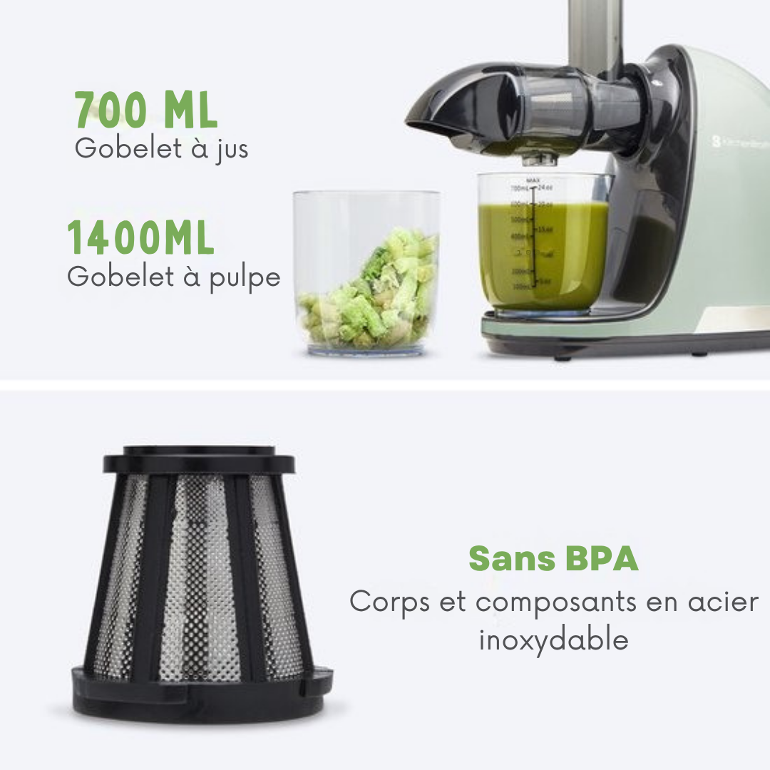KitchenBrothers Slowjuicer - Presse-légumes et fruits - Extracteur de jus - 700ml - Vert pastel