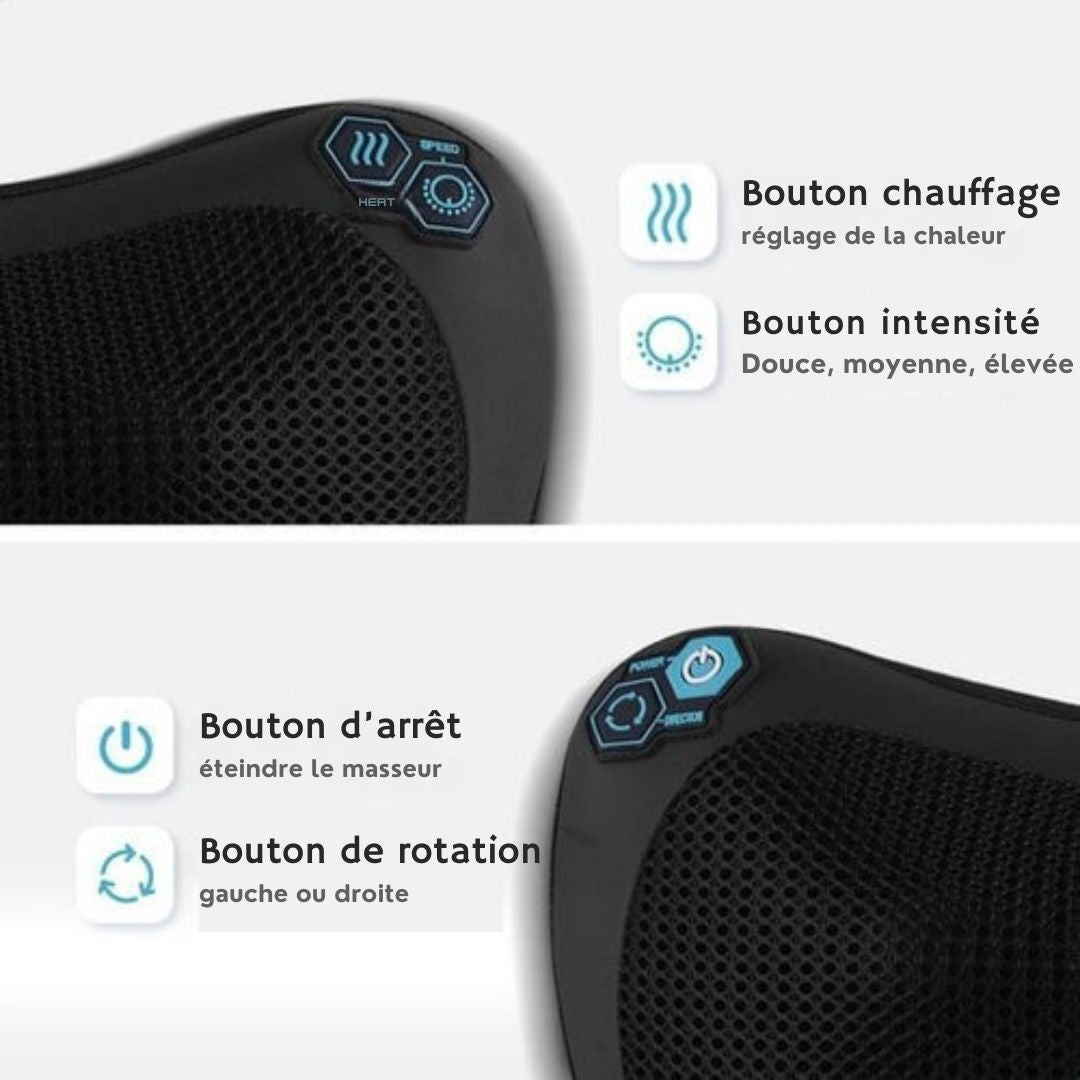 Coussin de massage sans fil - Qumax - Rechargeable - Fonction chaleur - Coussin de massage shiatsu électrique - Noir