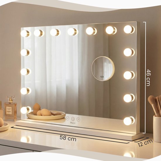 Bayt Hollywood Mirror with Lighting - Miroir de maquillage avec éclairage - Miroir avec éclairage - Dimmable - Grossissement 10x - 58x46cm - Blanc